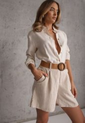 Beżowe Szorty Casual z Wiskozą High Waist Ozdobione Paskiem z Plecionki Kailee. Brązowe szorty Renee, bez wzorów, z materiału, casualowe, z podwyższonym stanem. Za 99.99 zł.