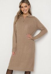 Beżowa Sweterkowa Sukienka Pudełkowa z Bawełną i Wełną Ozdobiona Suwakiem Reimia. Brązowe sukienki Born2be, na co dzień, uniwersalny, bez wzorów, z bawełny, klasyczne, bez kołnierzyka, bez ramiączek. Za 79.99 zł.