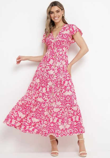 Różowa Rozkloszowana Sukienka Maxi z Luźnym Rękawem w Kwiatowy Print Oxeria. Czerwone sukienki Born2be, na lato, m, bez wzorów, bez kołnierzyka, bez ramiączek, maxi, rozkloszowane. Za 79.99 zł.