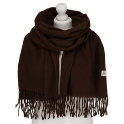 Duży, brązowy szal damski ozdobiony frędzlami - Peterson. Brązowe szaliki Peterson, na jesień, bez wzorów, eleganckie. Za 54.99 zł.