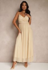 Beżowa Sukienka Koktajlowa Ozdobiona Tiulowym Materiałem Deviora. Brązowe sukienki Renee, na co dzień, l, bez wzorów, z tiulu, eleganckie, bez kołnierzyka, bez ramiączek, maxi. Za 89.99 zł.