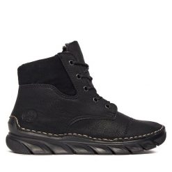 Botki Rieker. Czarne botki Rieker, bez wzorów, bez obcasa, na płaskiej podeszwie, bez zapięcia. Za 329.99 zł.