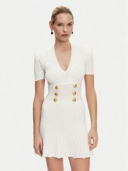 Balmain Sukienka dzianinowa DF1R7320KF24 Biały Regular Fit. Białe sukienki Balmain, bez wzorów, z dzianiny, bez kołnierzyka, bez ramiączek. Za 8,339.00 zł.
