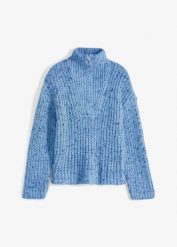 Sweter ze stójką i obniżoną linią ramon. Niebieskie swetry bonprix, bez wzorów, bez ramiączek. Za 144.99 zł.