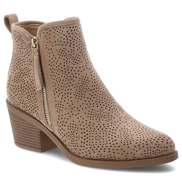 Botki damskie S. Barski, z noskiem w szpic na klocku i ażurowe zapinane na zamek, beżowe, HY52-538. Brązowe botki S.BARSKI, w ażurowe wzory, z syntetyku, bez obcasa, na obcasie, bez zapięcia. Za 159.00 zł.