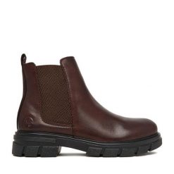 Botki Rieker. Brązowe botki Rieker, bez wzorów, bez obcasa, na płaskiej podeszwie, bez zapięcia. Za 419.99 zł.