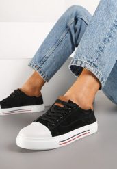 Czarne Płaskie Trampki ze Skóry Naturalnej ze Skórzaną Wkładką i Ozdobnym Noskiem Milili. Czarne trampki Renee, bez wzorów, z jeansu, bez zapięcia. Za 79.99 zł.