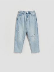 Jeansy straight z przetarciami - niebieski. Niebieskie jeansy Reserved, bez wzorów. Za 129.99 zł.