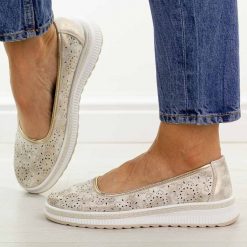 Złote ażurowe skórzane baleriny damskie S.Barski 7038. Żółte baleriny S.BARSKI, w ażurowe wzory, z jeansu, z okrągłym noskiem, bez obcasa, na płaskiej podeszwie. Za 229.00 zł.