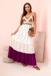 Sukienka damska boho maxi na ramiączkach z ażurową górą beżowy + ciemny fioletowy. Brązowe sukienki Kesi Włoski, na plażę, na lato, l, w ażurowe wzory, z bawełny, boho, bez kołnierzyka, bez ramiączek, maxi, rozkloszowane. Za 217.48 zł.