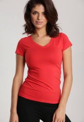Czerwony T-shirt Mirasura. Czerwone t-shirty Renee, l, bez wzorów, z dzianiny, bez kołnierzyka, bez ramiączek. W wyprzedaży za 20.99 zł.