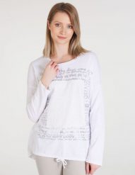 Biała bluzka z nadrukiem. Białe bluzki Unisono, s, z aplikacjami, z asymetrycznym kołnierzem, bez ramiączek. Za 119.00 zł.