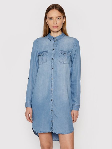 Vero Moda Sukienka jeansowa Silla 10184172 Niebieski Regular Fit. Niebieskie sukienki Vero Moda, m, bez wzorów, z jeansu, bez kołnierzyka, bez ramiączek. Za 179.99 zł.