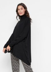 Sweter poncho z golfem i asymetryczną linią dołu. Czarne golfy bonprix, bez wzorów, bez ramiączek. Za 139.99 zł.
