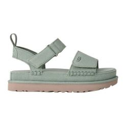 Damskie sandały Ugg Goldenstar 1136783-ART. Zielone sandały UGG, bez wzorów, z materiału, z okrągłym noskiem, bez obcasa, bez zapięcia. Za 429.00 zł.