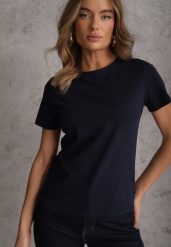 Granatowy T-shirt z Bawełny z Okrągłym Dekoltem Nedima. Niebieskie t-shirty Renee, m, bez wzorów, z bawełny, bez kołnierzyka, bez ramiączek. Za 39.99 zł.