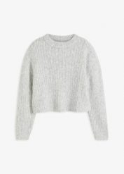 Sweter z grubej, miękkiej dzianiny z domieszką wełny. Szare swetry bonprix, bez wzorów, z dzianiny, bez ramiączek. Za 94.99 zł.