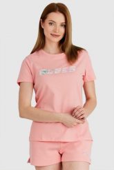 GUESS Brzoskwiniowy t-shirt damski z kolorowym logo, Rozmiar M. Czerwone t-shirty Guess, m, z aplikacjami, bez kołnierzyka, bez ramiączek. W wyprzedaży za 119.99 zł.