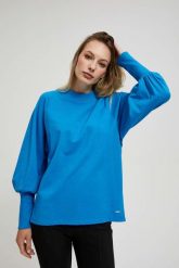 Bluza z bufiastymi rękawami lazurowa. Niebieskie bluzy MOODO, m, bez wzorów, z bawełny, bez kaptura. W wyprzedaży za 40.49 zł.