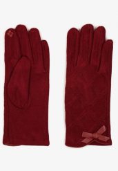 Bordowe Dzianinowe Rękawiczki z Bawełną i Kokardą Drellemi. Czerwone rękawiczki Born2be, bez wzorów, z bawełny, eleganckie. Za 29.99 zł.