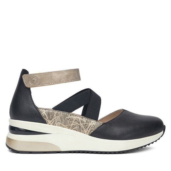 Półbuty Remonte. Czarne czółenka Remonte, bez wzorów, bez obcasa, na koturnie, bez zapięcia. Za 369.99 zł.