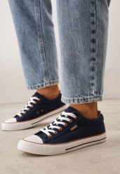 Granatowe Klasyczne Trampki do Kostki z Lamówką przy Podeszwie Kasiope. Niebieskie trampki Born2be, bez wzorów, z jeansu, bez zapięcia. Za 59.99 zł.