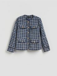 Marynarka z ozdobnymi kieszeniami - granatowy. Niebieskie marynarki i żakiety Reserved, l, bez wzorów, z tkaniny. Za 229.99 zł.