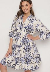 Niebieska Rozkloszowana Sukienka z Lnem z Metalicznym Nadrukiem Filasenia. Niebieskie sukienki Born2be, na spacer, na lato, l, bez wzorów, z wiskozy, eleganckie, bez kołnierzyka, bez ramiączek, mini, rozkloszowane. Za 79.99 zł.