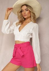 Fuksjowe Szorty High Waist Wiązane w Pasie Gilalilena. Czerwone szorty Renee, bez wzorów, z materiału, eleganckie, z podwyższonym stanem. Za 39.99 zł.