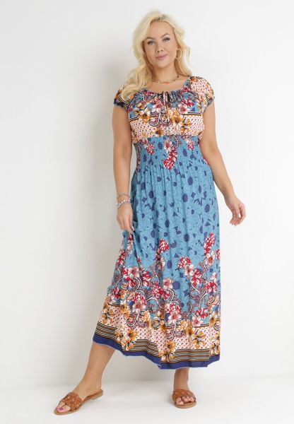 Niebieska Sukienka Maxi Hiszpanka z Gumkami w Talii z Bawełny Doreyana. Niebieskie sukienki Born2be, na imprezę, na lato, l, bez wzorów, z bawełny, bez kołnierzyka, bez ramiączek, maxi. Za 49.99 zł.