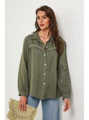 Lin Passion Lniana koszula w kolorze khaki rozmiar: 40/42. Brązowe koszule Lin Passion, z aplikacjami, ze lnu, klasyczne, bez kołnierzyka, bez ramiączek. Za 215.21 zł.