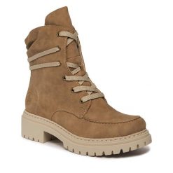 Botki Rieker. Brązowe botki Rieker, bez wzorów, bez obcasa, na płaskiej podeszwie, bez zapięcia. Za 369.99 zł.