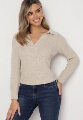 Beżowy Sweter z Kołnierzykiem i Trójkątnym Dekoltem Mortala. Brązowe swetry Born2be, m, bez wzorów, z dzianiny, bez ramiączek. Za 74.99 zł.