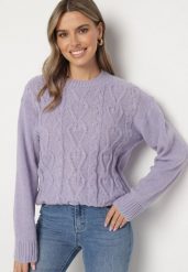 Ciemnofioletowy Sweter z Wełną Ściągaczem i Tłoczeniem Riavonnae. Fioletowe swetry Born2be, bez wzorów, z jeansu, bez ramiączek. Za 59.99 zł.