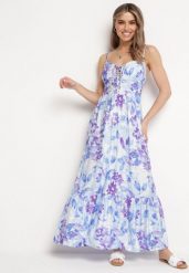 Niebieska Sukienka z Wiskozy i Bawełny Rozkloszowana w Kwiatowy Print z Ozdobnym Wiązaniem Wiama. Niebieskie sukienki Born2be, na co dzień, l, bez wzorów, z bawełny, eleganckie, bez kołnierzyka, bez ramiączek, maxi, rozkloszowane. Za 109.99 zł.