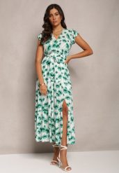 Zielona Rozkloszowana Sukienka Maxi w Kwiatowy Print z Gumką w Pasie Javiky. Zielone sukienki Renee, na imprezę, l, bez wzorów, z materiału, bez kołnierzyka, bez ramiączek, maxi, kopertowe. Za 79.99 zł.