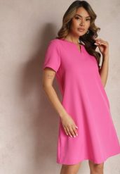 Fuksjowa Trapezowa Sukienka Mini z Krótkim Rękawem i Kieszeniami Vrea. Czerwone sukienki Renee, na spotkanie biznesowe, l, bez wzorów, eleganckie, bez kołnierzyka, bez ramiączek, mini, trapezowe. Za 99.99 zł.