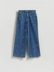 Jeansy wide leg z kryształkami - niebieski. Niebieskie jeansy Reserved, bez wzorów. Za 159.99 zł.