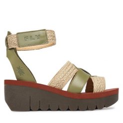 Sandały Fly London. Zielone sandały Fly London, bez wzorów, bez obcasa, na koturnie, bez zapięcia. Za 463.99 zł.