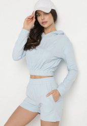 Jasnoniebieski Bawełniany Komplet Sportowy Bluza z Kapturem i Szorty Izilia. Niebieskie bluzy Born2be, bez wzorów, z bawełny, z kapturem. Za 99.99 zł.