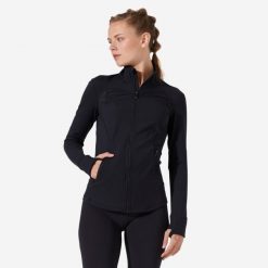 Bluza na zamek damska Domyos fitness 900 training. Czarne bluzy sportowe DOMYOS, l, bez wzorów, z materiału, bez kaptura. Za 169.99 zł.