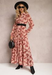 Różowa Rozkloszowana Sukienka Koszulowa Maxi w Kwiaty Nersa. Czerwone sukienki Renee, l, bez wzorów, bez kołnierzyka, bez ramiączek, maxi, koszulowe. Za 119.99 zł.