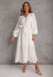 Biała Boho Sukienka z Bawełny z Haftem Wiązaniem i Ażurowymi Detalami Adrirena. Białe sukienki Renee, na co dzień, l, w ażurowe wzory, z bawełny, boho, bez kołnierzyka, bez ramiączek, maxi, proste. Za 309.99 zł.