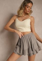 Beżowe Spódnico-Szorty z Bawełny Ozdobione Falbankami Turanea. Brązowe szorty Renee, bez wzorów, z bawełny, eleganckie. Za 69.99 zł.
