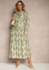 Zielona Wiskozowa Sukienka w Ornamentalny Wzór o Rozkloszowanym Kroju Gonalia. Zielone sukienki Renee, na co dzień, l, bez wzorów, z wiskozy, eleganckie, bez kołnierzyka, bez ramiączek, maxi, oversize. Za 109.99 zł.