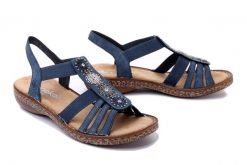 RIEKER 628G9-16 blue, sandały damskie. Niebieskie sandały Rieker, bez wzorów, bez obcasa, bez zapięcia. Za 299.90 zł.