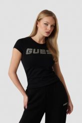 GUESS Czarny damski t-shirt Kiara, Rozmiar L. Czarne t-shirty Guess, l, z aplikacjami, bez kołnierzyka, bez ramiączek. W wyprzedaży za 109.99 zł.