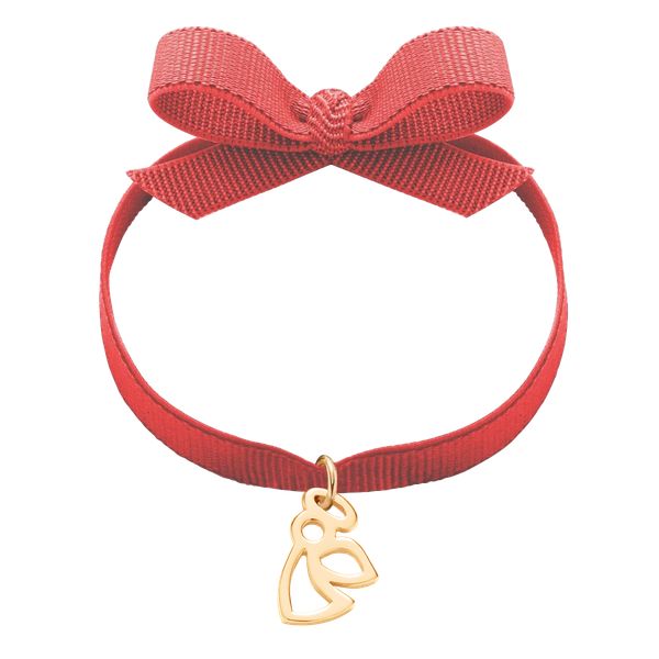 Bransoletka z pozłacanym ażurowym aniołkiem na czerwonej wstążce. Czerwone bransoletki Lilou, pozłacane. Za 138.00 zł.