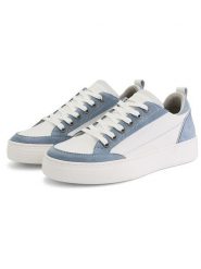 TRAVELIN' Skórzane sneakersy "Caris" w kolorze biało-niebieskim rozmiar: 36. Białe trampki Travelin', bez wzorów, bez zapięcia. Za 339.99 zł.