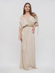 BLE Sukienka w kolorze beżowym rozmiar: onesize. Brązowe sukienki BLE, bez wzorów, z wiskozy, bez kołnierzyka, bez ramiączek, maxi. Za 166.95 zł.